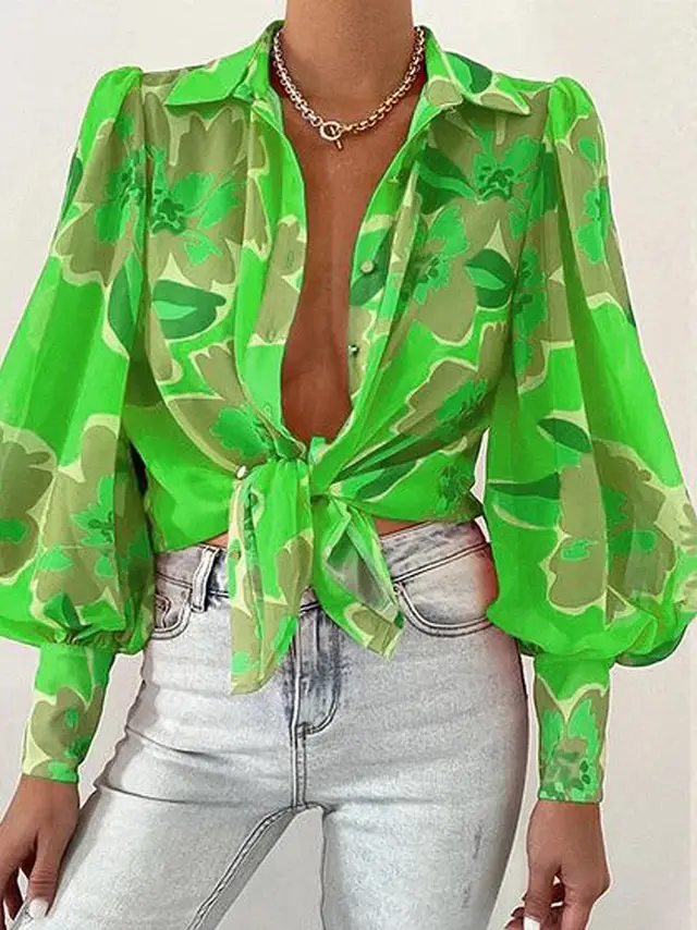Summer Printed Lantern Sleeve Fashion Shirt Emerald Green Flowers - Shop at LoveMi