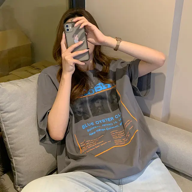 Summer Letter Character Print Loose Mid length Short sleeved T shirt Schoolgirl Bottoming Shirt Top Fashion Dark Gray - Shop at LoveMi