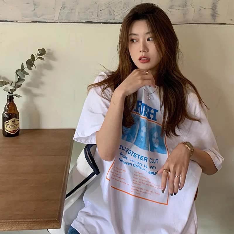 Summer Letter Character Print Loose Mid length Short sleeved T shirt Schoolgirl Bottoming Shirt Top Fashion White - Shop at LoveMi
