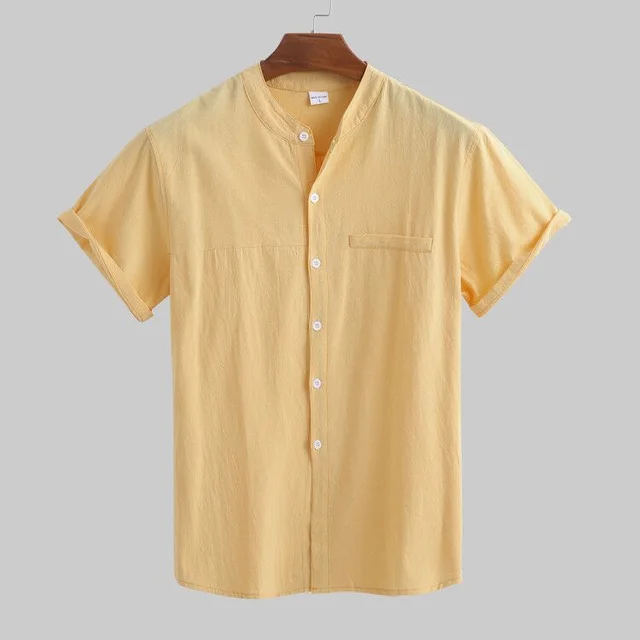Linen Shirt Men's Short Sleeved Standing Collar Yellow - Shop at LoveMi