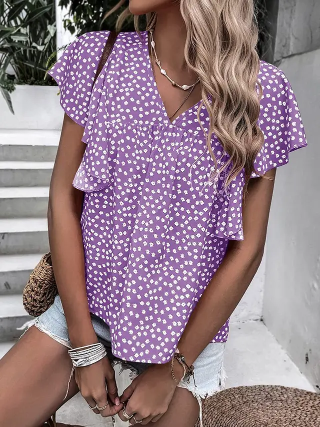 Women's V neck Short sleeved Casual T shirt Shirt Purple - Shop at LoveMi