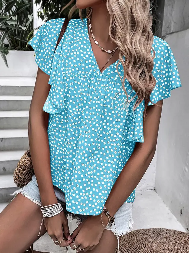 Women's V neck Short sleeved Casual T shirt Shirt Sky Blue - Shop at LoveMi