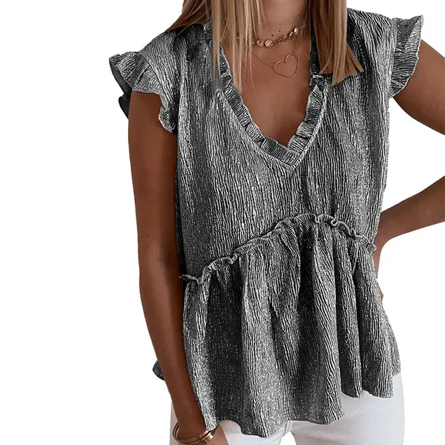 Personalized Metal Pleated Ruffled Short Sleeves Loose Top For Women Lc25119893 Black - Shop at LoveMi
