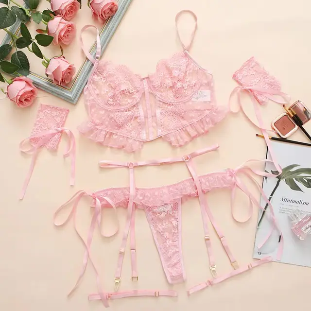 Embroidered Lace Underwear Backless Hollow out Sexy Set Pink - Shop at LoveMi