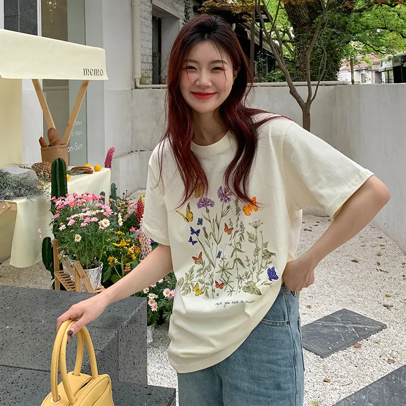 New Pure Cotton Heel Wrapped Collar Personality Flower Print Top Light Apricot Colored - Shop at LoveMi
