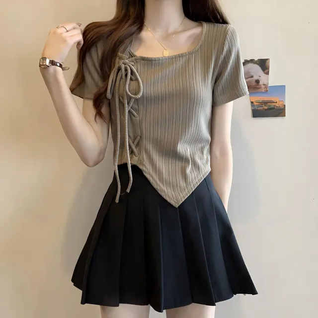 Women's Irregular Drawstring Short Sleeve Khaki Blouse - Shop at LoveMi