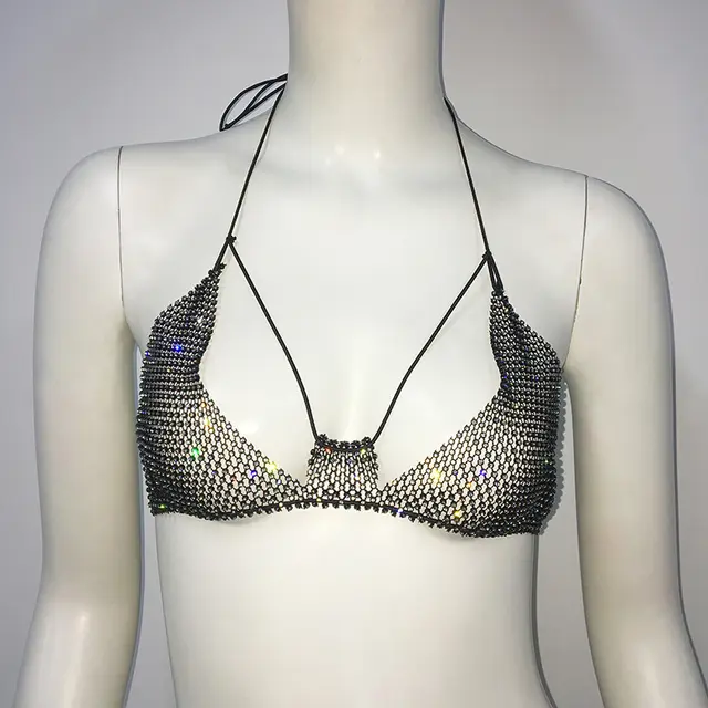 Punk Rhinestone Spaghetti Strap Bra Music Festival Top Black Bra - Shop at LoveMi