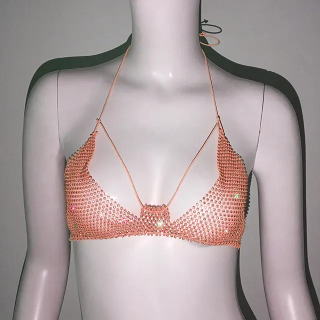 Punk Rhinestone Spaghetti Strap Bra Music Festival Top Skin Color Bra - Shop at LoveMi