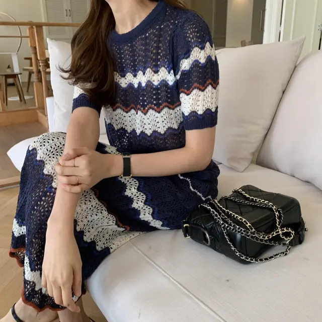 Slim Fit Waist Stretch Casual Women's Summer Hollow Suit Dark Blue - Shop at LoveMi