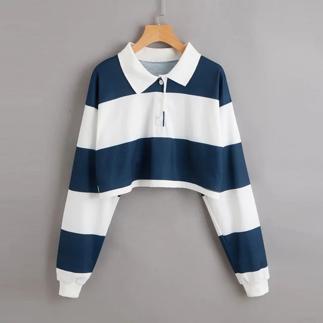 Women's Fashionable Simple Striped Polo Collar Sweater Blue And White - Shop at LoveMi
