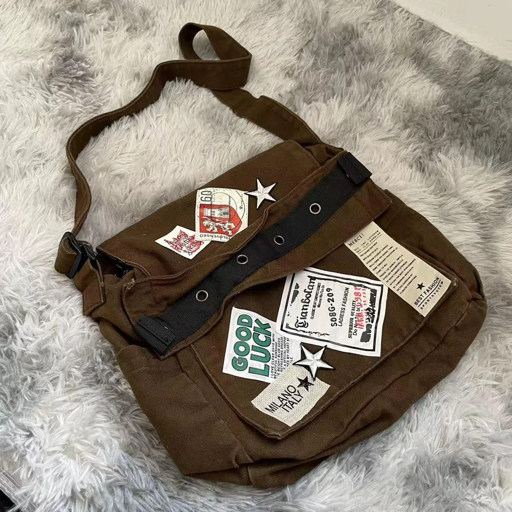 Autumn Vintage American Patch Distressed XINGX Crossbody Bag Brown - Shop at LoveMi
