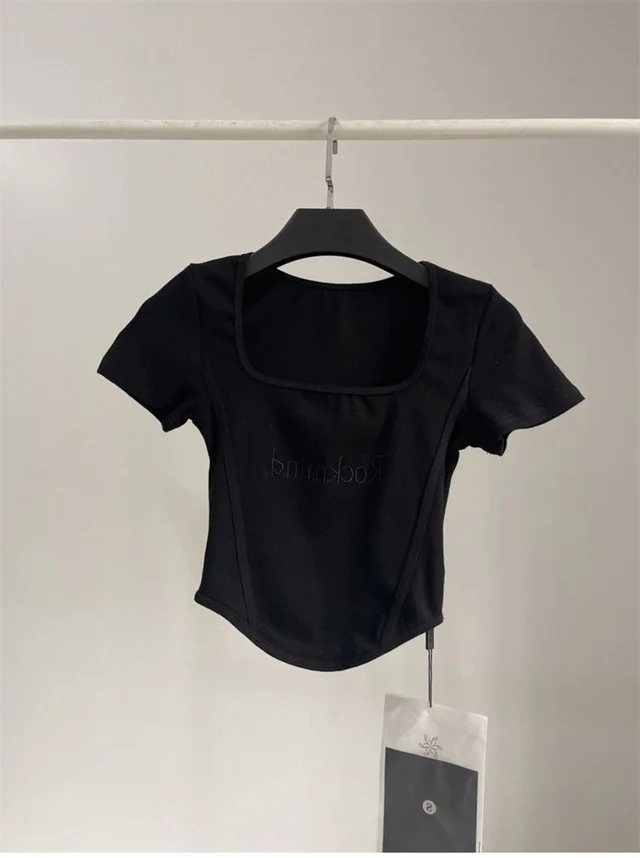 Short High Waist Crop Top Women's Summer Sexy Tight Curved Hem Short Sleeve T shirt Black - Shop at LoveMi