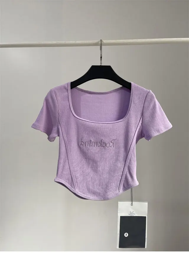 Hot Girl Short High Waist Crop Top Women's Summer Sexy Tight Curved Hem Short Sleeve T shirt Purple - Shop at LoveMi