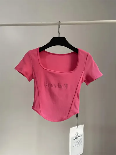 Hot Girl Short High Waist Crop Top Women's Summer Sexy Tight Curved Hem Short Sleeve T shirt Rose Red - Shop at LoveMi