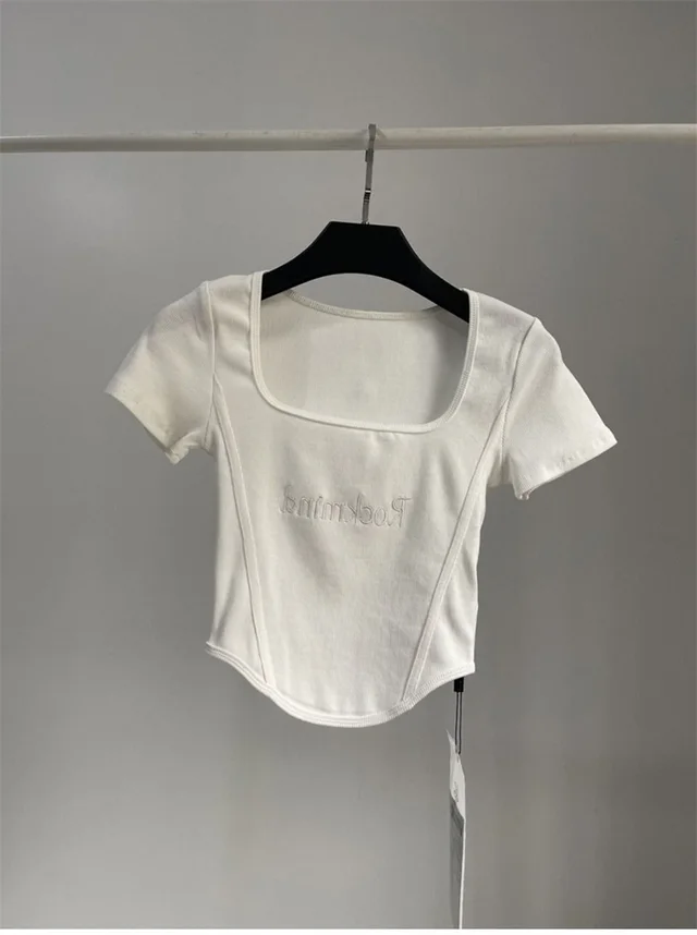 Hot Girl Short High Waist Crop Top Women's Summer Sexy Tight Curved Hem Short Sleeve T shirt White - Shop at LoveMi