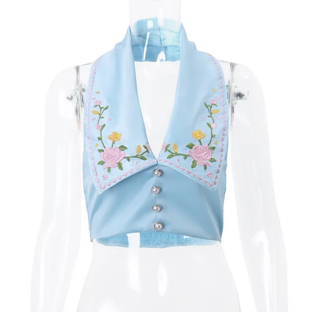 Sexy Lapel Breasted Flower Embroidered Printed Halterneck Vest Female Blue - Shop at LoveMi