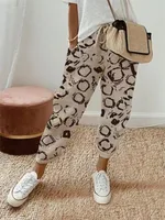 Women's Printed Cotton And Linen Casual Pants - Khaki Black Circle