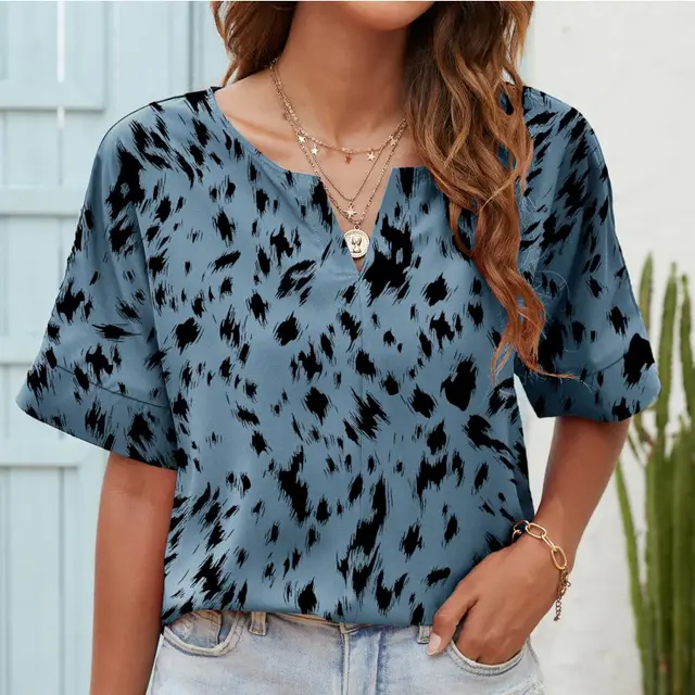 Printed V neck Short sleeved Casual Top T shirt For Women Blue - Shop at LoveMi