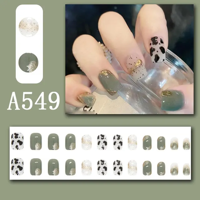 Green Ice Transparent Cows Pattern Removable Fake Nail Tip A549 - Shop at LoveMi