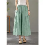 Retro Buckle Casual Thin Cotton And Linen Cropped Wide-leg Pants For Women - Green