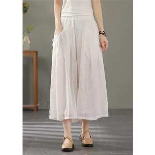 Retro Buckle Casual Thin Cotton And Linen Cropped Wide-leg Pants For Women - White