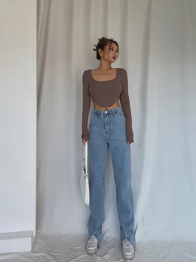 Handsome Cool Stylish Front Slit High Waist Jeans Mop Light Blue - Shop at LoveMi