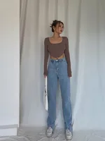 Handsome Cool Stylish Front Slit High Waist Jeans Mop - Light Blue