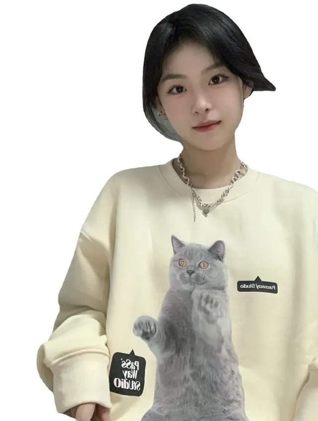 Loose Sweater Women's Round Neck Print Long Sleeves Top Light Beige - Shop at LoveMi