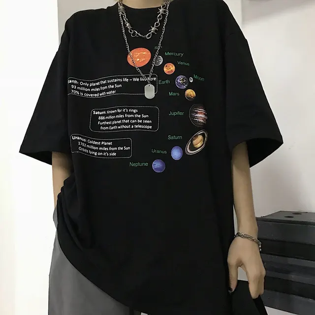 Starry Sky And Planets Skewers Cartoon Graffiti T shirt Black - Shop at LoveMi