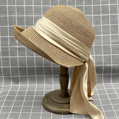 Japanese Style Curling Front Big Back Small Satin Ribbon Bucket Hat Summer Straw Hat Female Bucket Hat Sun proof Beach Hat Tide Khaki - Shop at LoveMi