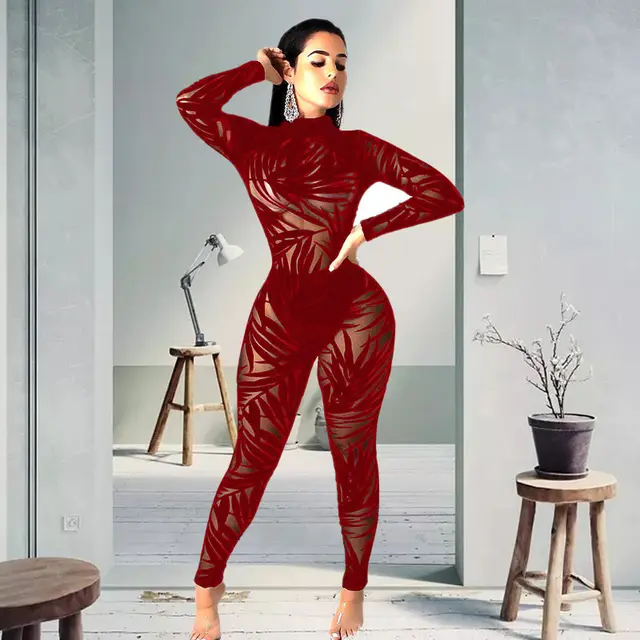 Women's Mesh Hollow Sheer Long Sleeve Tight Jumpsuit Red - Shop at LoveMi