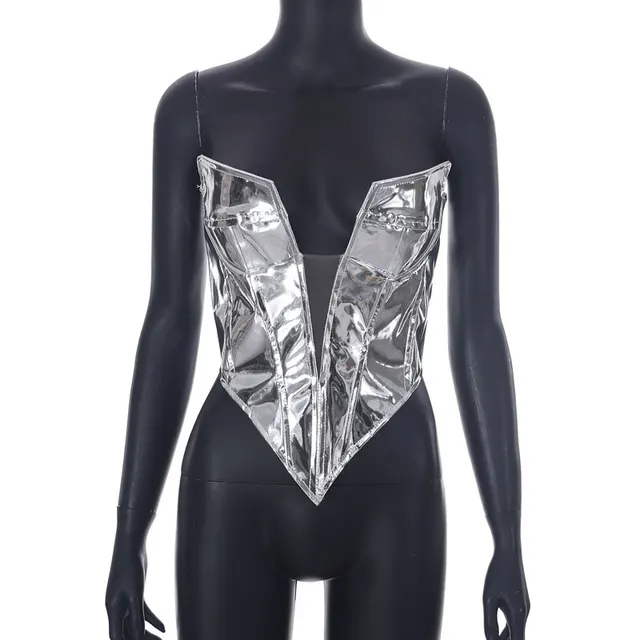 Deep V Mesh Stitching Zipper Chest Wrap Slim Top Silver - Shop at LoveMi