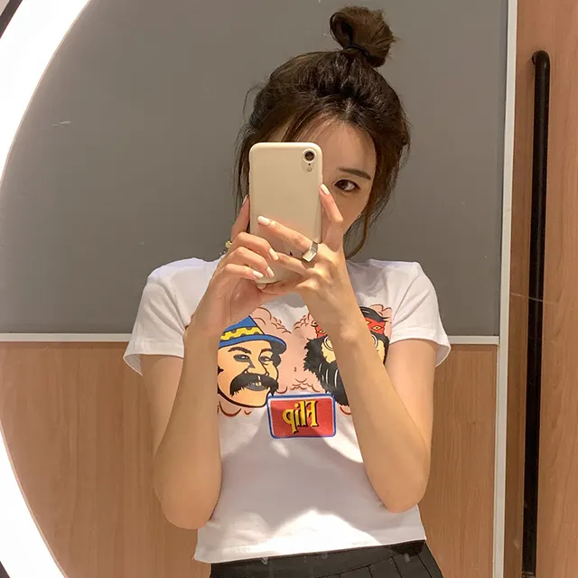 Printed Short Bare Midriff Slim Fit Short Sleeve T shirt Top White - Shop at LoveMi