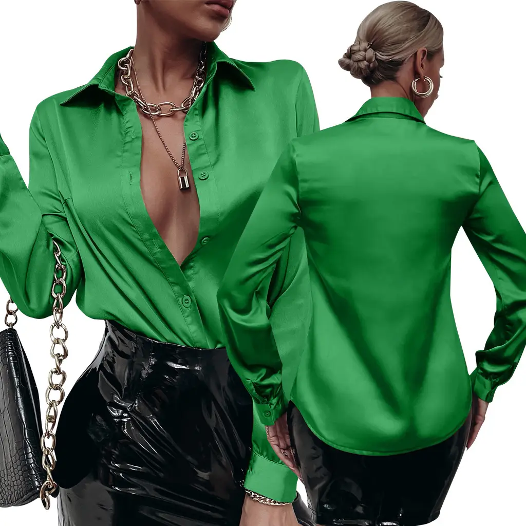 Satin Pleated Long-sleeved Top Casual Loose - Green