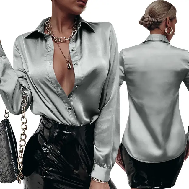 Satin Pleated Long sleeved Top Casual Loose Silver - Shop at LoveMi