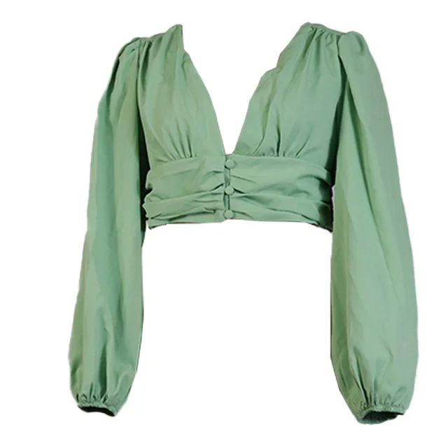 Women's Long Sleeve Deep V Women's Cropped Top Green - Shop at LoveMi