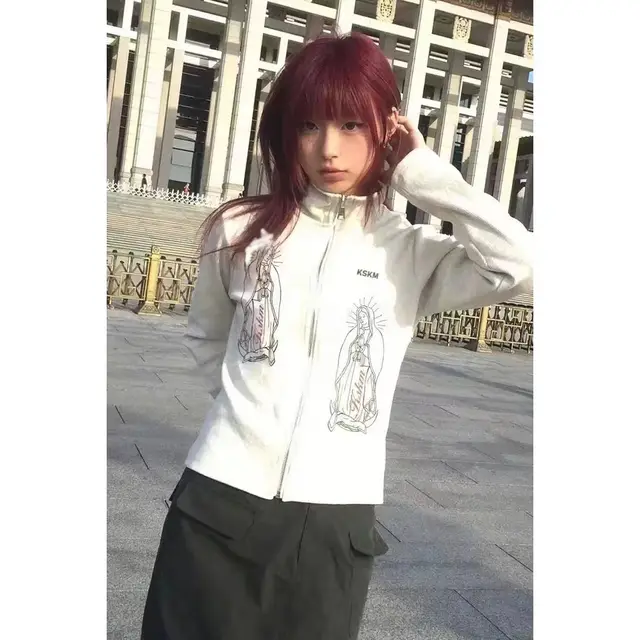White Stand Collar Virgin Printed Sweater Women's Top White - Shop at LoveMi