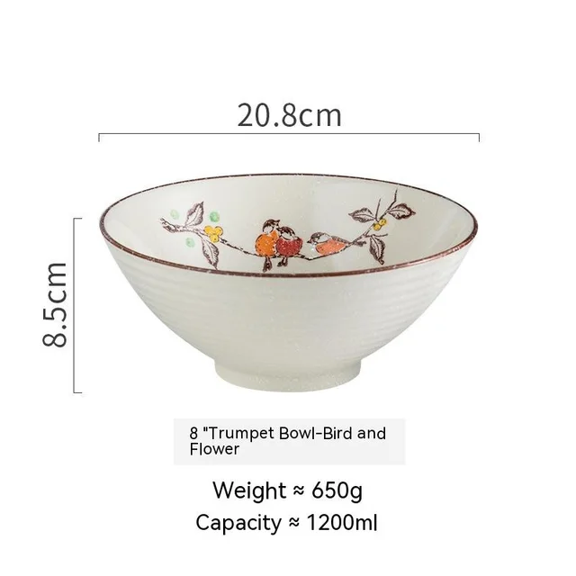 Creative Trumpet Bowl Ceramic Large Rain hat Shaped Bowl 8Inch Bowl Flowers And Birds - Shop at LoveMi