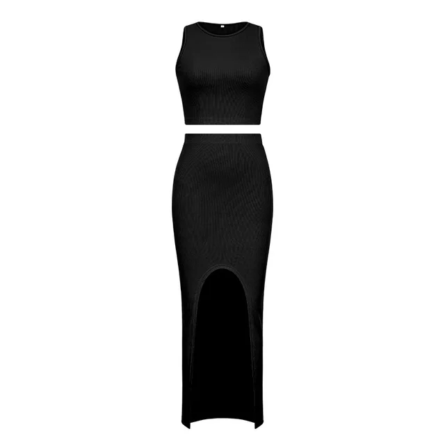 Solid Color Round Neck Vest Side Open Skirt Suit Ladies Black - Shop at LoveMi