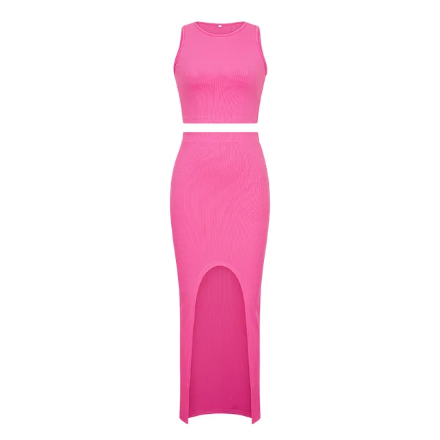 Solid Color Round Neck Vest Side Open Skirt Suit Ladies Pink - Shop at LoveMi