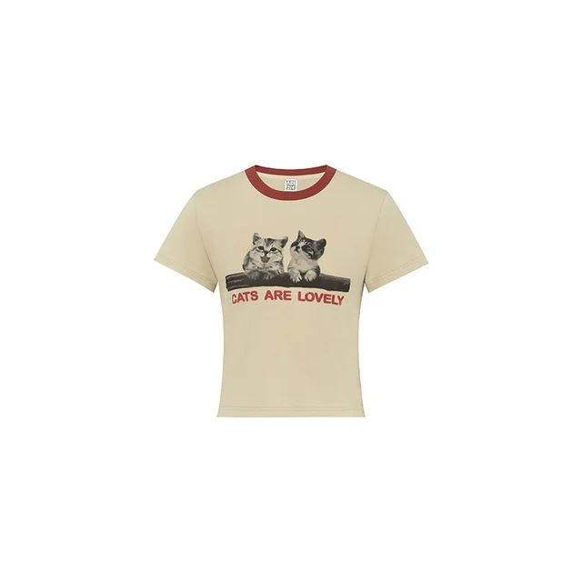 Pet Park Animal Print Round Neck Slim Short sleeved Tops Double Cat Pattern - Shop at LoveMi