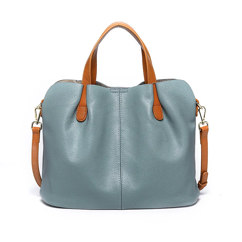 Women's Contrast Color Leather Shoulder Crossbody Cattle Leather Bag Blue - Shop at LoveMi