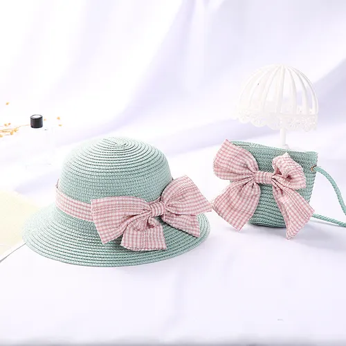 New Girls Big Bow Sun proof Straw Hat Bag Set Pink Bow Suit Green - Shop at LoveMi