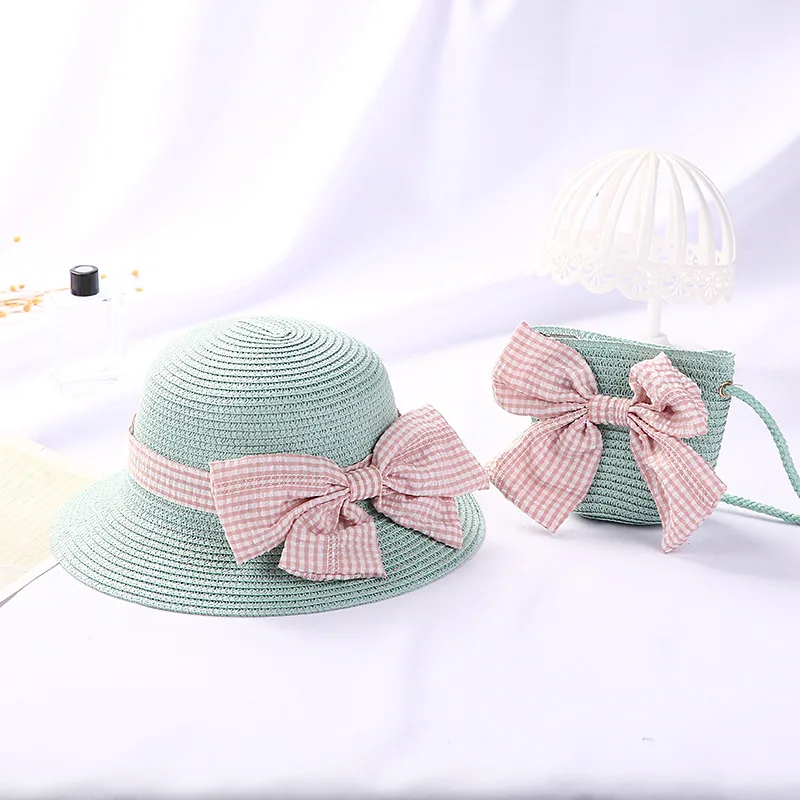 New Girls Big Bow Sun-proof Straw Hat Bag Set - Pink Bow Suit Green - View 1