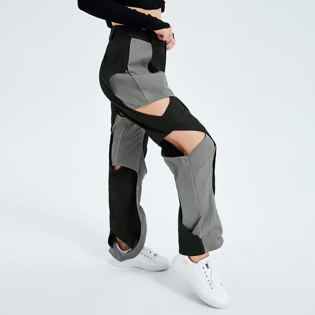 Sports Fashion High Waist Lace up Color Contrast Breasted Loose Casual Woven Pants Black - Shop at LoveMi