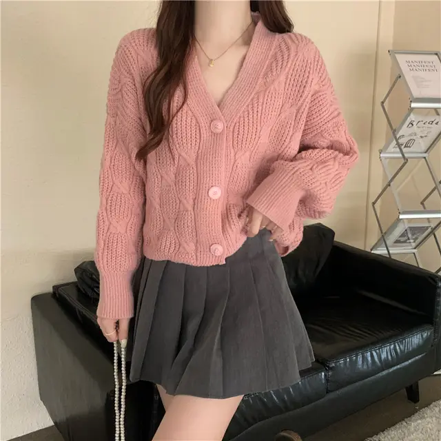 Women's Spring Loose Small Short Knitted Cardigan Coat Retro Sweater Pink - Shop at LoveMi
