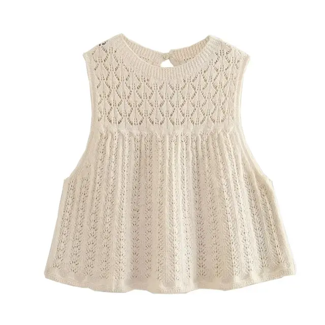 Round Neck Jacquard Mesh Hollow Out Sleeveless Knitted Top Drawstring Knitted Skirt Suit Women Beige Top - Shop at LoveMi