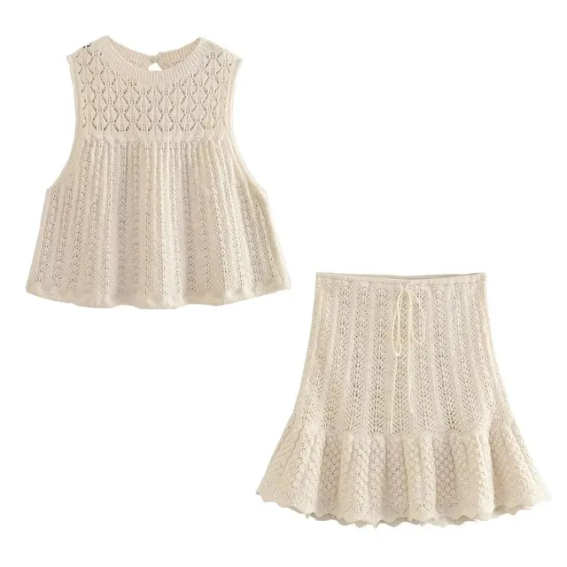 Round Neck Jacquard Mesh Hollow Out Sleeveless Knitted Top Drawstring Knitted Skirt Suit Women Suit - Shop at LoveMi