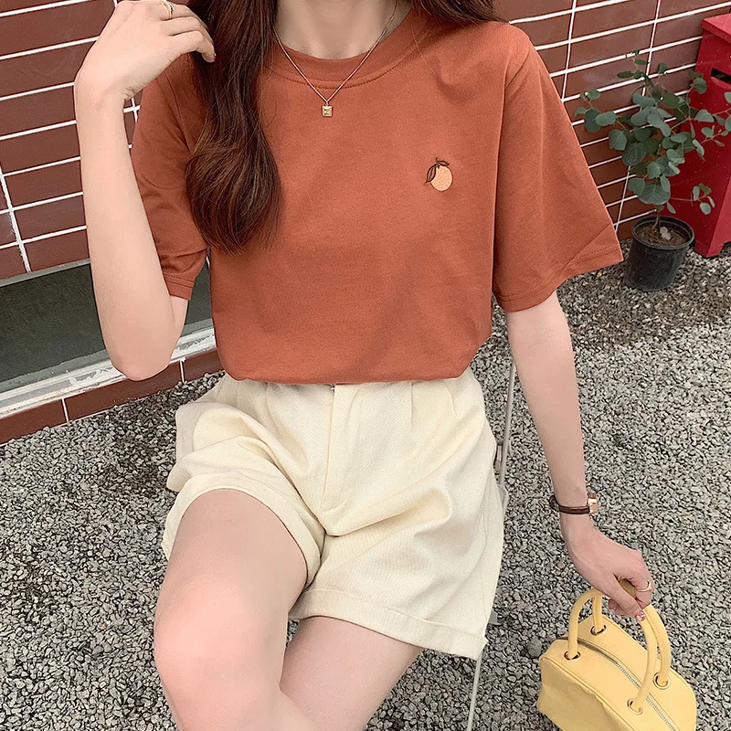 Women's Cotton Orange Embroidered Short-sleeved T-shirt New - Caramel
