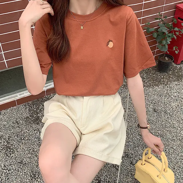 Women's Cotton Orange Embroidered Short sleeved T shirt New Caramel - Shop at LoveMi